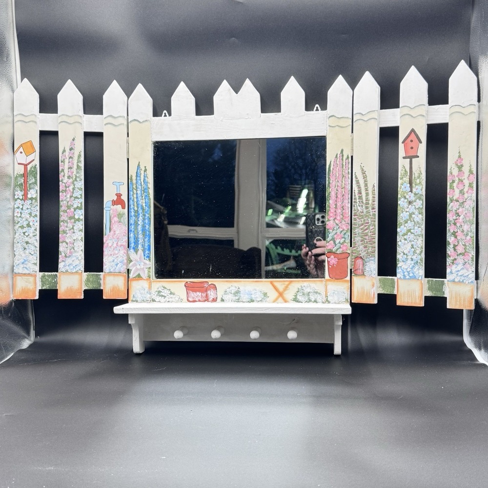 VTG Cottagecore Tri-Fold Mirror Shelf W/pegs Decorative Wood Wall Hanging Shelf